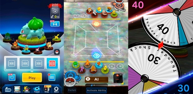 As disputas em "Pokémon Duel" ocorrem em uma espécie de tabuleiro, onde o jogador precisa posicionar suas peças - Montagem/UOL