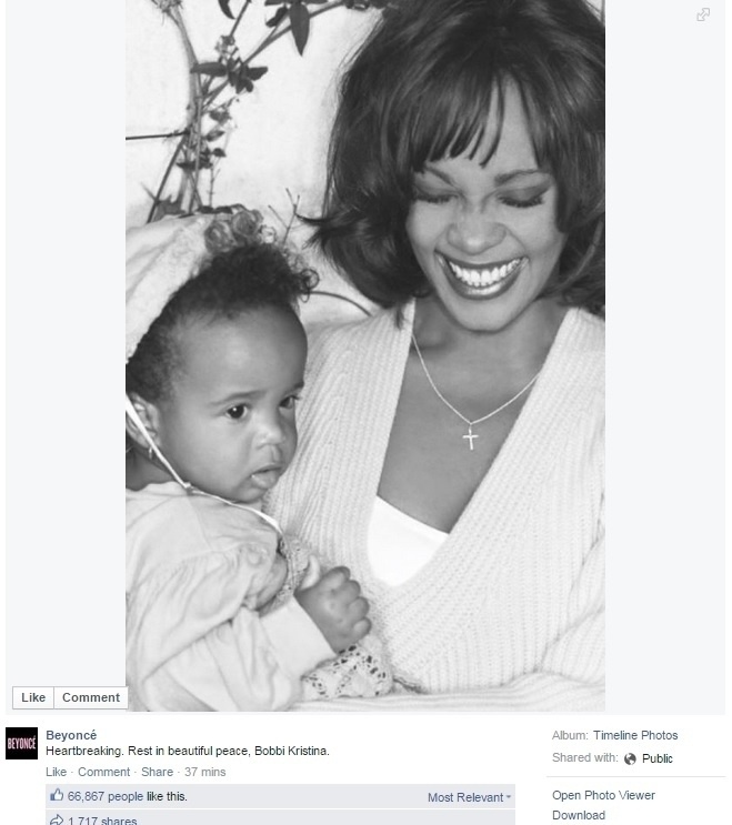 Cantora Beyoncé Knowless presta homenagem à Bobbi Kristina, que morreu no domingo (26). "Descanse em paz", escreveu a popstar em sua conta do Facebbok, na legenda de uma foto da jovem com a mãe, a cantora Whitney Houston