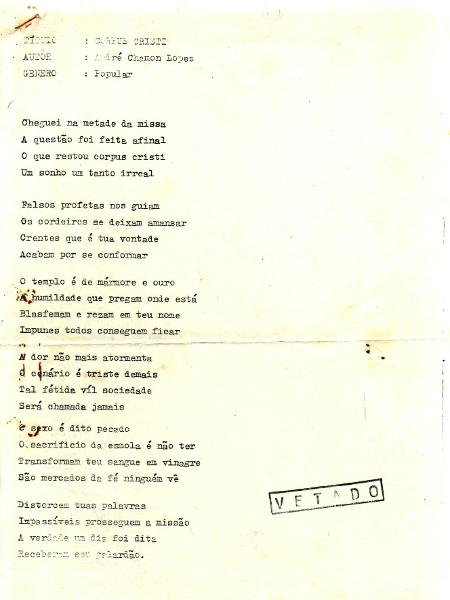 Letra do Stress vetado pela censura do regime militar - Arquivo Pessoal - Arquivo Pessoal