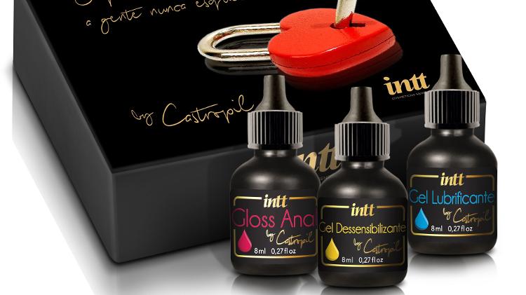 Kit Primeiro Anal, R$ 78,06, Intt Cosméticos (www.lojaintt.com.br) Com sabor de blueberry, o Gloss Anal tem efeito gelado e deve ser usado nas preliminares para relaxar o ânus. O Gel Dessensibilizante ajuda a "anestesiar" levemente a região para tornar a penetração mais suave. Já o Gel Lubrificante pode ser aplicado no pênis ou no sex toy para facilitar o deslize. - Divulgação - Divulgação