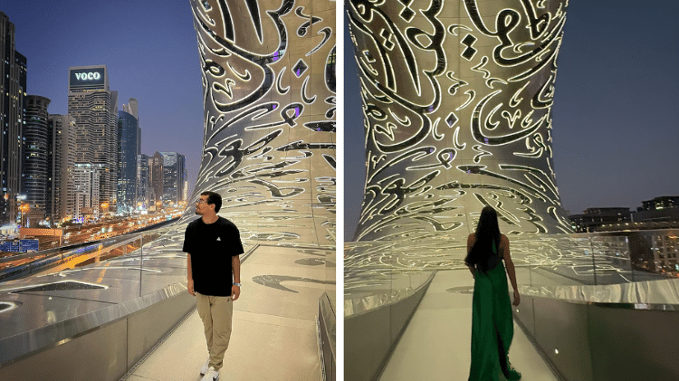 Thiago Martins e Luiza Caldi postaram fotos nos mesmos pontos turísticos em Dubai