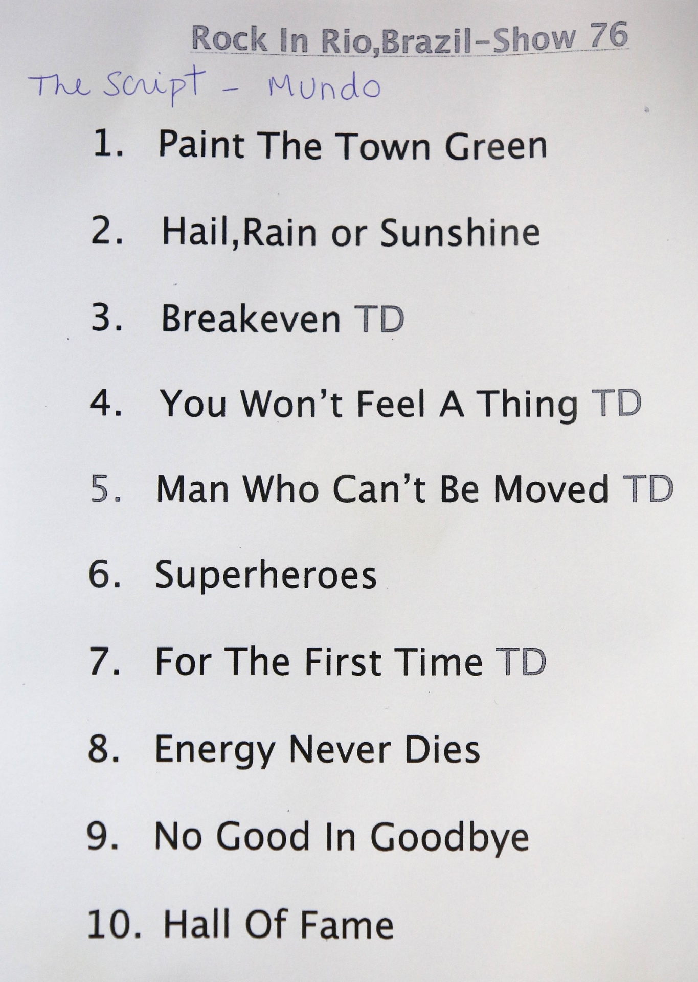 18.set.2015 - Setlist do show do The Script no Palco Mundo do Rock in Rio 2015 - Fernando Maia/UOL