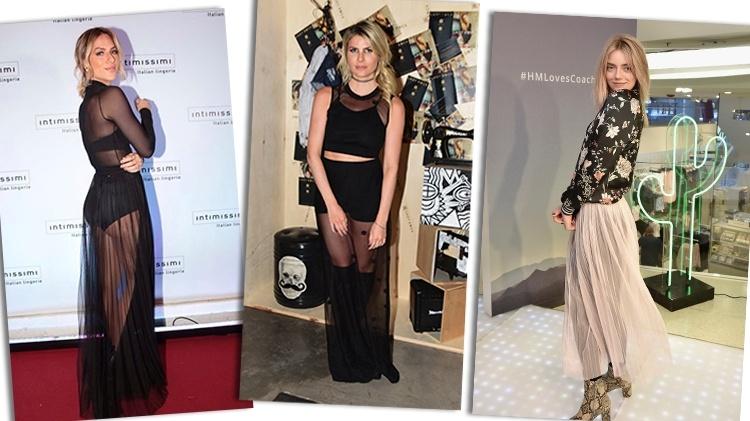 Na imagem acima, Giovanna Ewbank (à esq.) compôs a blusa e saia longa transparentes com sutiã e hot pants à mostra. Já a blogueira Julia Faria (centro) escondeu mais as pernas, com shortinhos e meias três quartos. A saia plissada clarinha e a meia-calça escura se encontraram na produção da inglesa Pyper America Smith - Felipe Panfili/Divulgação/Intimissimi, Agnews e Getty Images - Felipe Panfili/Divulgação/Intimissimi, Agnews e Getty Images