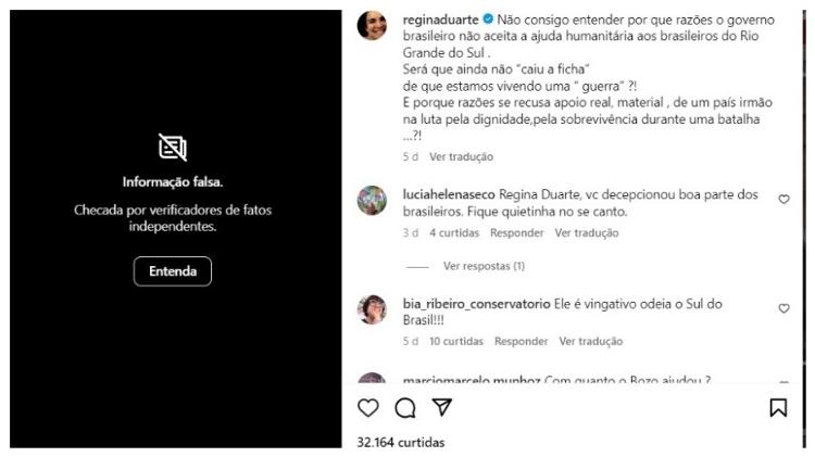 Regina Duarte postou notícia falsa sobre as enchentes no Rio Grande do Sul