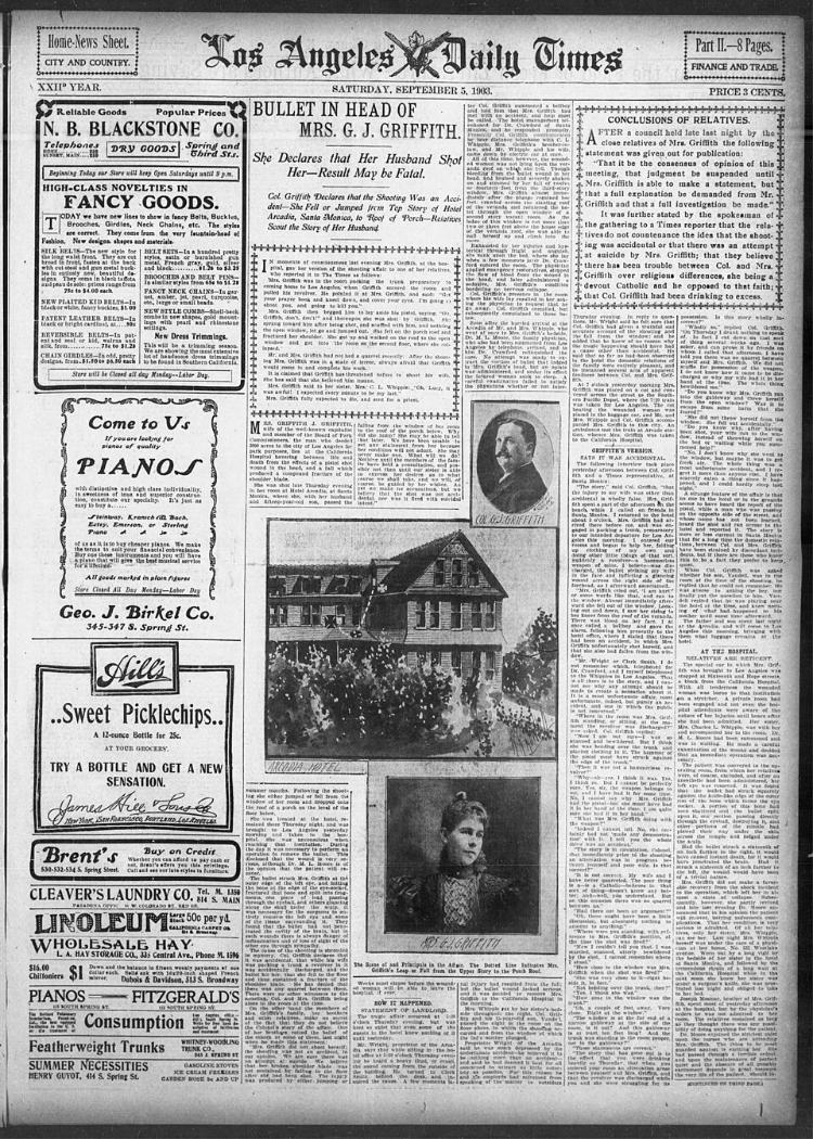 O registro do crime de Griffith J. Griffith contra sua esposa, Christina Griffith, no jornal Los Angeles Daily Times da época