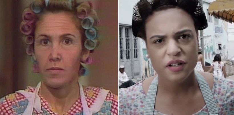 Paula Santiago interpreta Flora, versão brasileira de Dona Florinda, personagem de Florinda Meza em "Chaves", no curta-metragem "Moleque" - Montagem/Reprodução/Televisa/Filipe Tavares/Divulgação