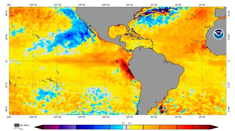 Imagem de satélite da Nasa mostra aumento da temperatura no Oceano Pacífico - OAA/Divulgação - OAA/Divulgação