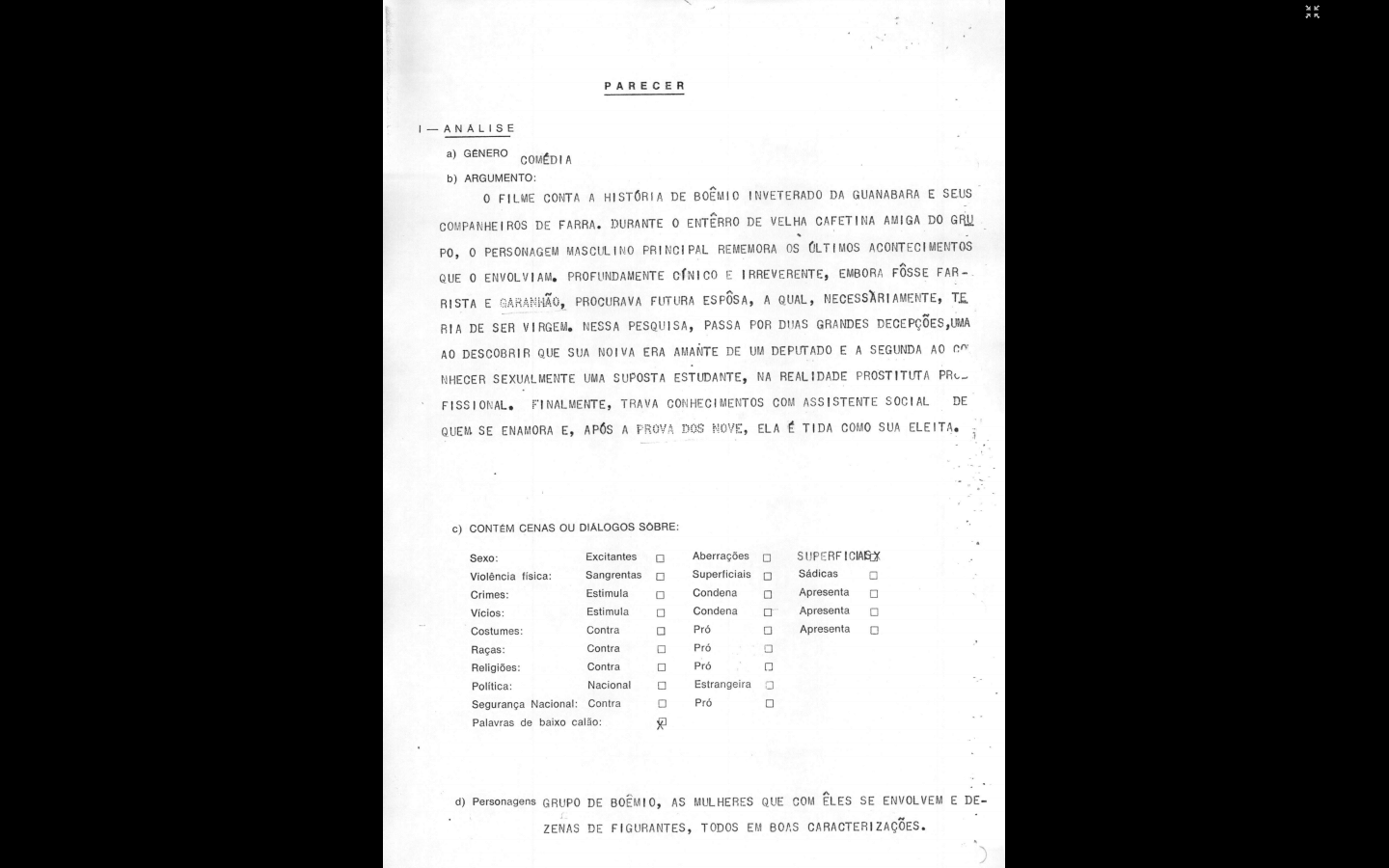 Documento de censura de "O Enterro da Cafetina" apresenta questionário para classificar o conteúdo do filme, incluindo cenas de sexo "excitantes" ou "aberrações", se o filme é contra ou a favor da segurança nacional ou dos "costumes" - Reprodução