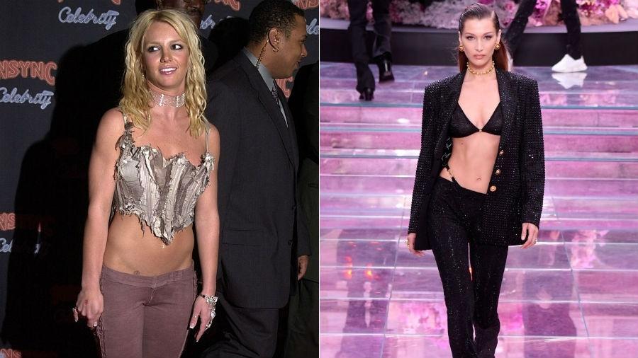 Britney Spears (à esq.) em tapete vermelho, em 2001; Bella Hadid na passarela de Versace em junho de 2019 - Getty Images
