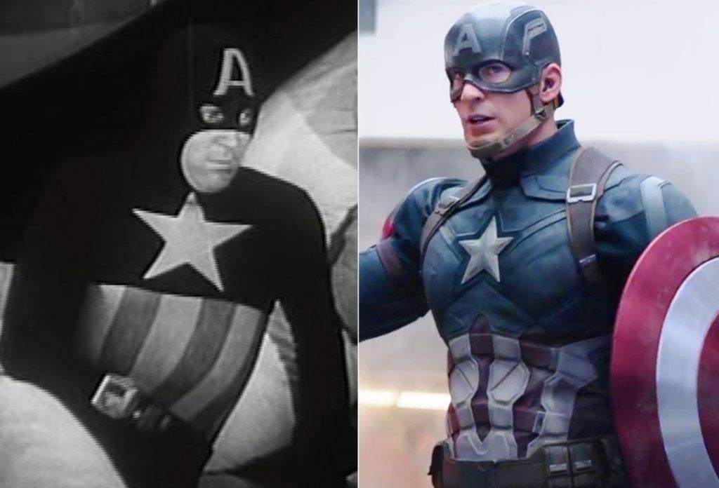 À esquerda, Dick Purcell em "Capitão América" (1944). À direita, Chris Evans em "Capitão América: Guerra Civil" (2016) - Divulgação
