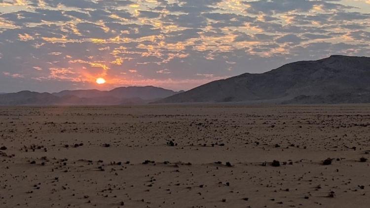 Detalhes de um círculo de fadas visto em região árida na Namíbia