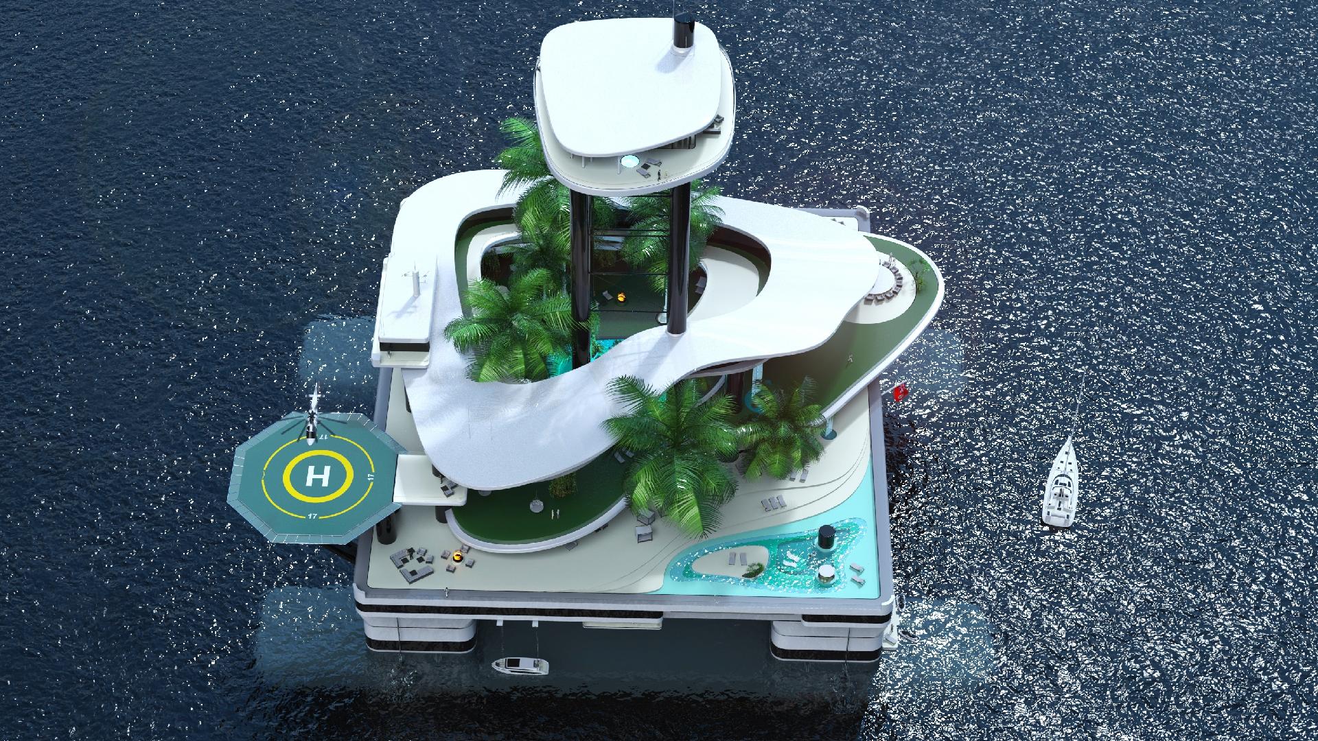 Entre os recursos, a ilha conta com heliponto, garagem para duas embarcações menores e um deck principal com piscina e área para churrasco - Divulgação