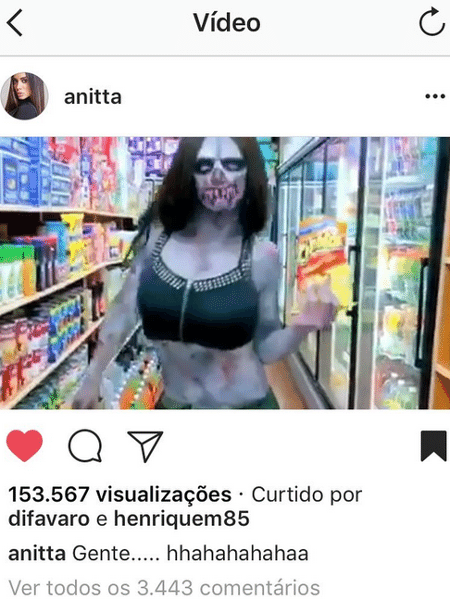 Anitta compartilhou a versão zumbi de "Paradinha", do caracterizador Victor Nogueira - Reprodução/Instagram/euvictornogueira - Reprodução/Instagram/euvictornogueira