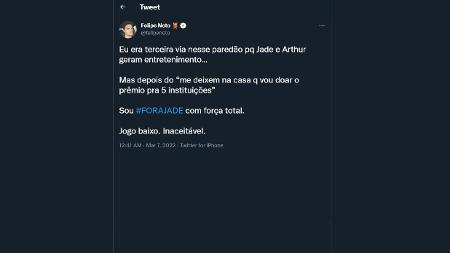 BBB 22: Felipe Neto declara torcida contra Jade Picon - Reprodução/Twitter - Reprodução/Twitter