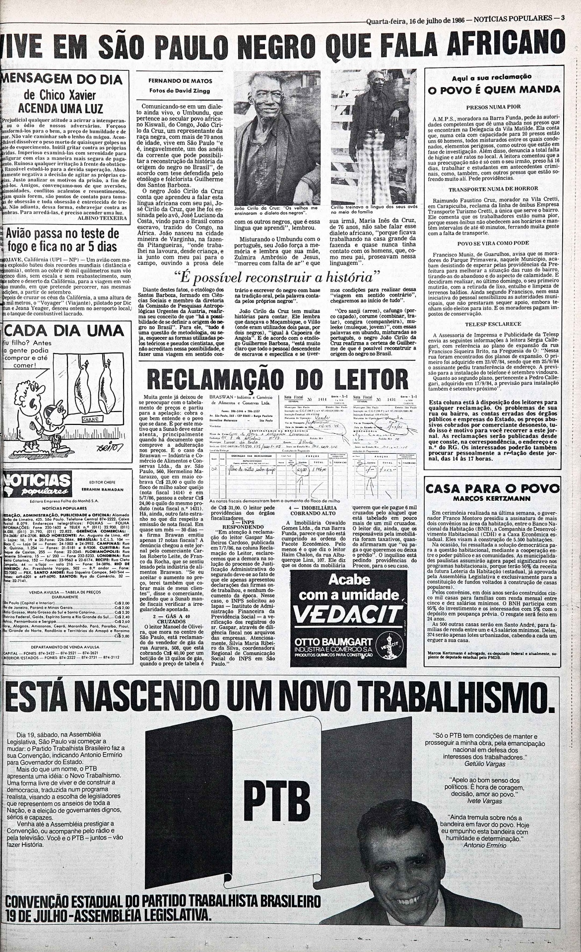 Página do "Notícias Populares" com foto feita por Zingg durante sua passagem pelo jornal, em 1986 - Divulgação