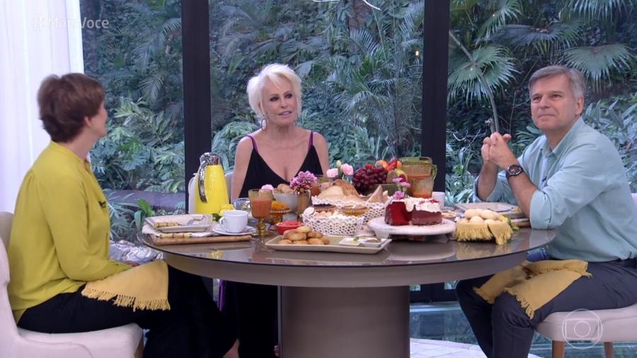 Ana Maria Braga recebe Sônia Bridi e Paulo Zero; apresentadora se engana ao comentar a novela "O Outro Lado do Paraíso" - Reprodução/Globo
