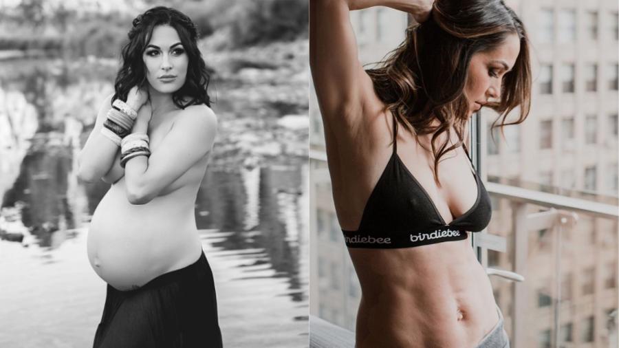 A lutadora de luta-livre Brie Bella durante a gravidez e atualmente, 9 meses após o parto - Reprodução/Instagram