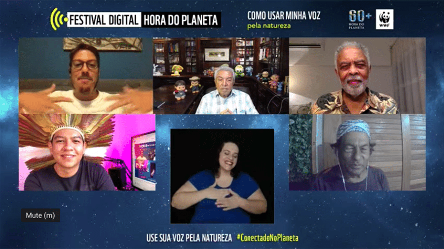 Painel do festival Hora do Planeta teve Gilberto Gil, Mauricio de Sousa, Ailton Krenak e Erick Marky em conversa mediada por Fábio Porchat - Reprodução