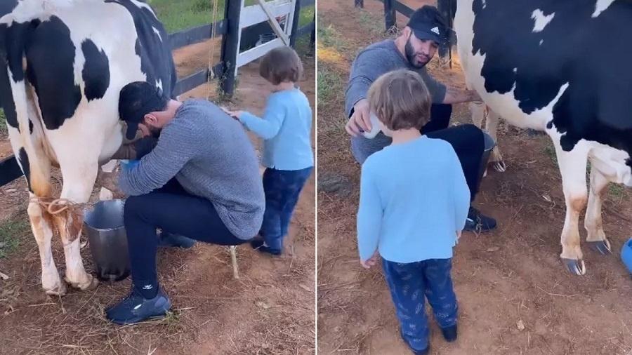 Gusttavo Lima dá leite direto da vaca para o filho - Reprodução/Instagram