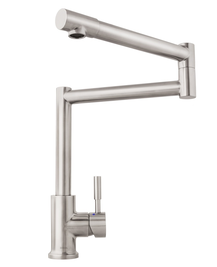 A linha monocomando Orbit, da Docol (www.docol.com.br), tem bica articulável com dois pontos de rotação (360 °) que alcança 54 cm de distância. O acabamento escovado para o aço inox promete aumentar sua durabilidade - Divulgação