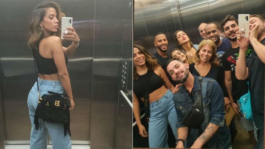 Anitta em elevador com a mãe [a loira, ao centro da foto da direita] e amigos - Reprodução/Instagram