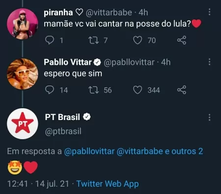 Tweet Pabllo Vittar posse Lula - Reprodução - Reprodução