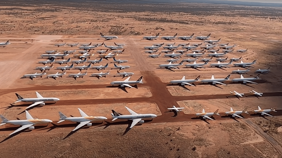 O deserto de Alice Springs abriga cerca de 140 aeronaves paralisadas devido à covid-19 - Reprodução/Youtube