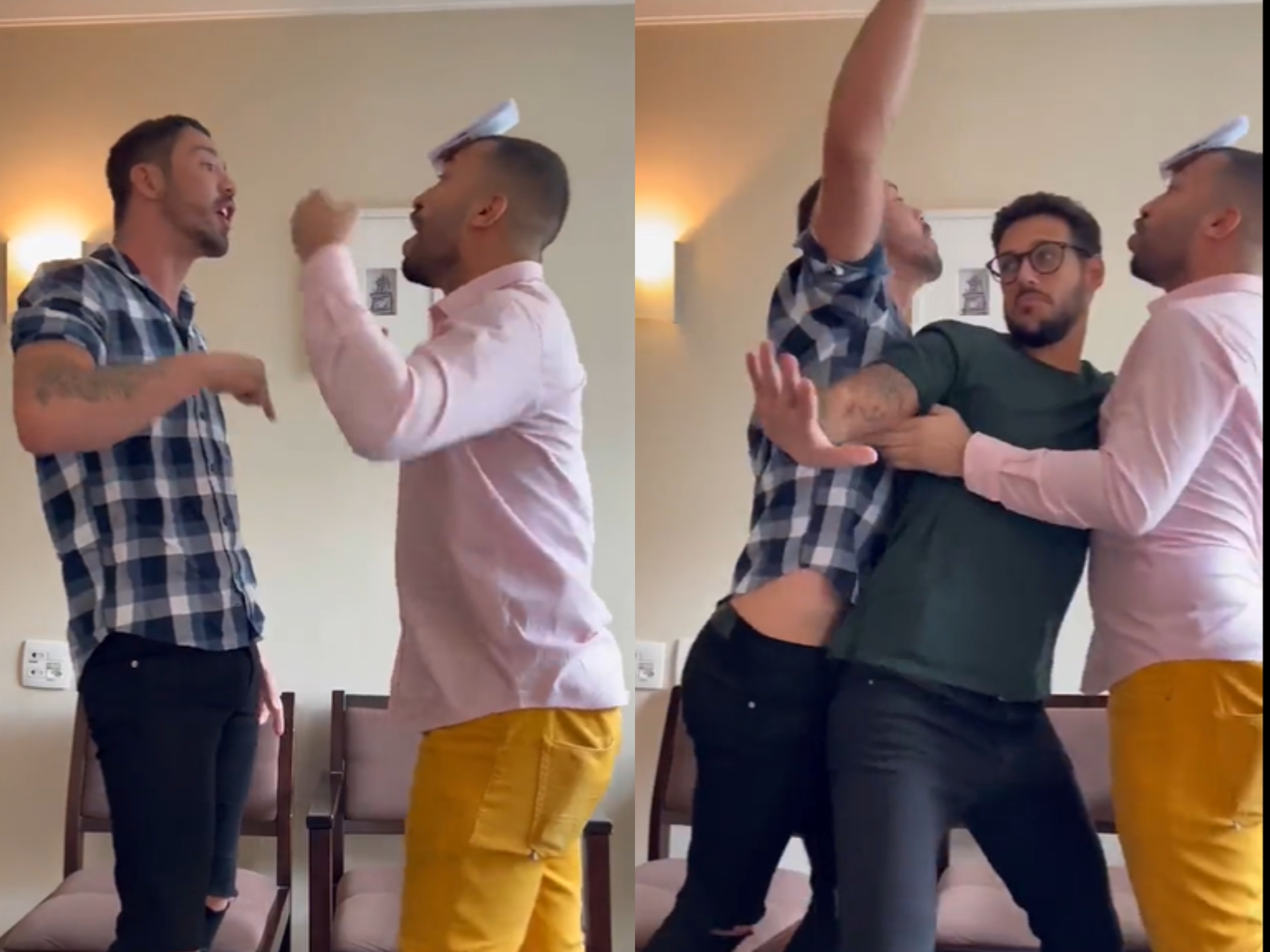 Rodrigo, Gil e Rico Melquiades brincam de jogo da discórdia