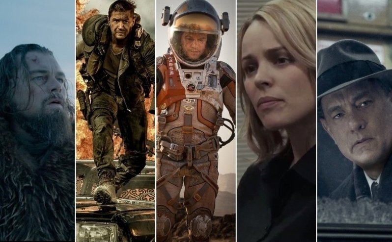 "O Regresso" lidera a corrida do Oscar 2016 com 12 indicações, seguido de "Mad Max: Estrada da Fúria" (10), "Perdido em Marte" (7), "Spotlight - Segredos Revelados" (6) e "Ponte dos Espiões" (6) - Divulgação/Montagem UOL