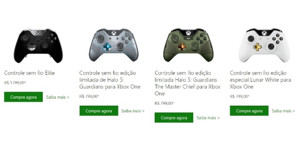 Ainda sem anúncio oficial, controle Elite do Xbox One aparece separadamente no site brasileiro do Xbox; por ora, só é possível adquirir controle juntamente com o console - Reprodução