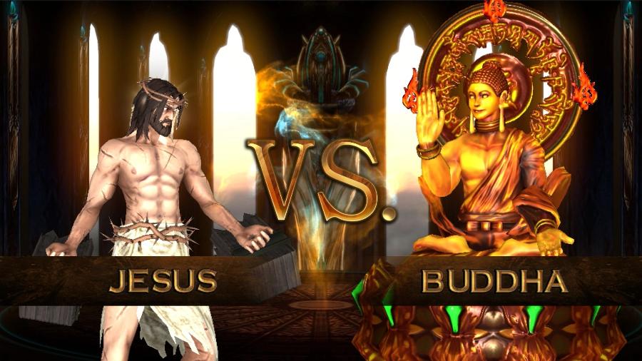 Quem é mais forte, Jesus ou Buda? Esse é um dos confrontos insólitos que "Fight Gods", um game de luta entre divindades, permite - Reprodução