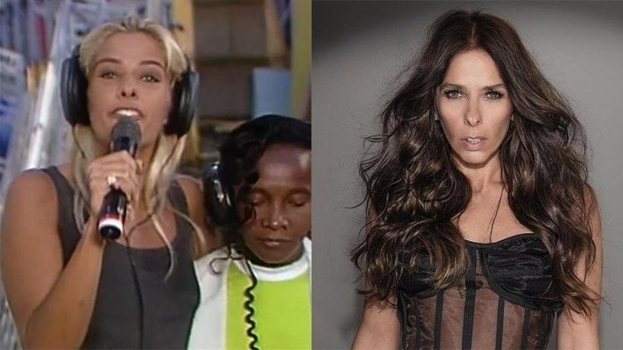 Adriane Galisteu aos 25, em 1998, quando era repórter do "Domingão do Faustão" e, à direita, morena e poderosa aos 45 anos para atuar na próxima novela das sete da Globo "O Tempo Não Para" - Reprodução/Globo e Reprodução/Instagram