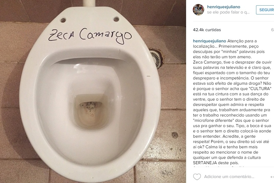 Henrique e Juliano foram duros no Instagram: "Não é porque o senhor acha que 'CULTURA' está na tua cintura com a sua dança do ventre, que o senhor tem o direito de desrespeitar quem admira e respeita aqueles que trabalham arduamente pra ter o trabalho reconhecido usando um "microfone diferente" dos que o senhor usa pra ganhar o seu. Tipo, a boca é sua e o senhor tem o direito colocá-la aonde bem entender" - Reprodução/Instagram
