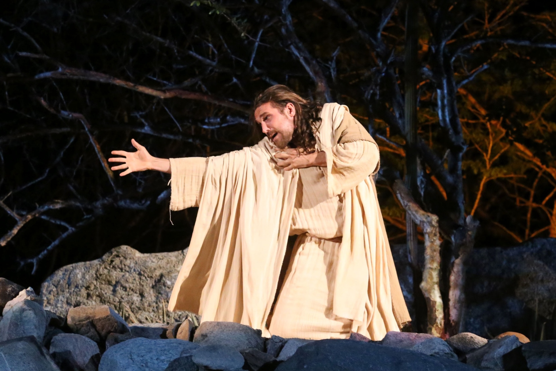 25.mar.2016 - Cena de Jesus sendo tentado no Horto. A peça tem no elenco os atores Igor Rickli (Jesus) Bianca Rinaldi (Maria), Antonio Calloni (Herodes), Fiuk (Apóstolo João), Odilon Wagner (Pilatos), além da atriz e modelo, Caroline Correa (Madalena) - João Tavares/Divulgação