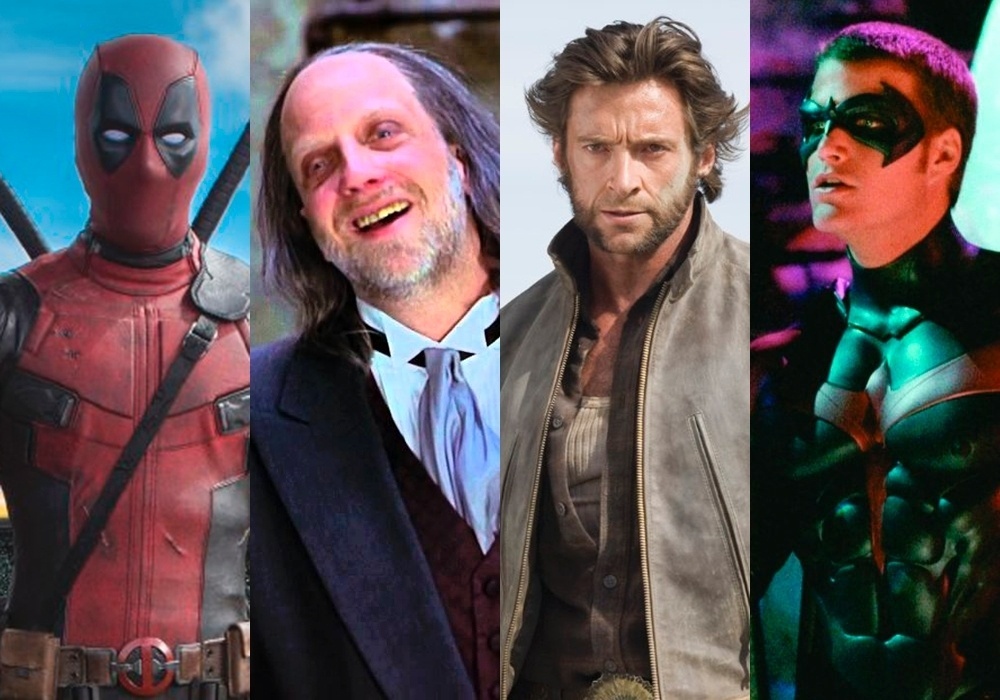 Cenas dos filmes "Deadpool" (2016), de Tim Miller, "Todo Mundo em Pânico 2" (2001), de Keenen Ivory Wayans, "X-Men Origens: Wolverine" (2009), de Gavin Hood e "Batman & Robin" (1997), de Joel Schumacher - Reprodução/Montagem