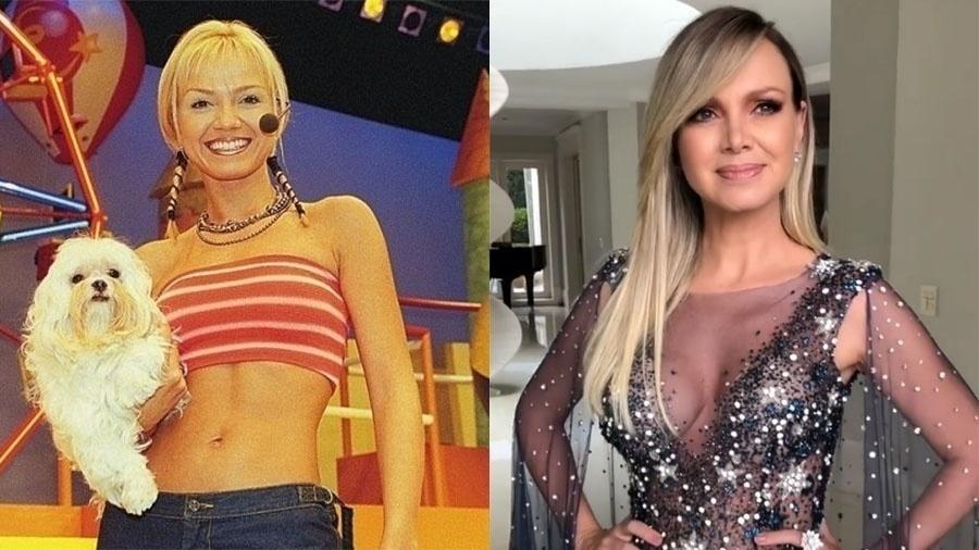 Eliana, aos 26 anos, no cenário do seu programa "Eliana no Parque", exibido na Record até 2001 e, à direita, aos 44 anos, já mãe de Arthur, 6 anos, e Manuela, nove meses. Em novembro, a apresentadora completa 45 anos - Dado Junqueira/Folhapress e Reprodução/Instagram