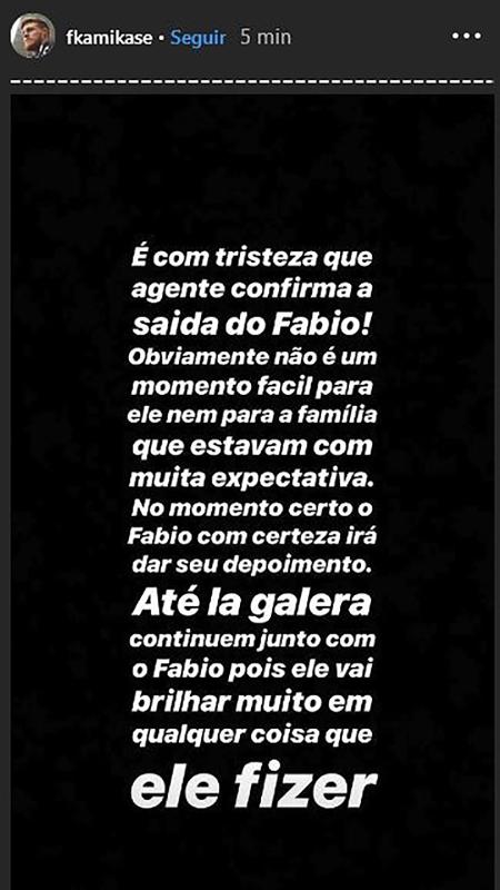 Perfil oficial do Fabio no Instagram posta mensagem sobre a saída do ex-participante - Reprodução - Reprodução