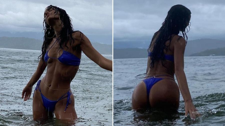 Bruna Marquezine não se intimidou com a chuva para cair no mar, em viagem a Angra dos Reis - Reprodução/Instagram