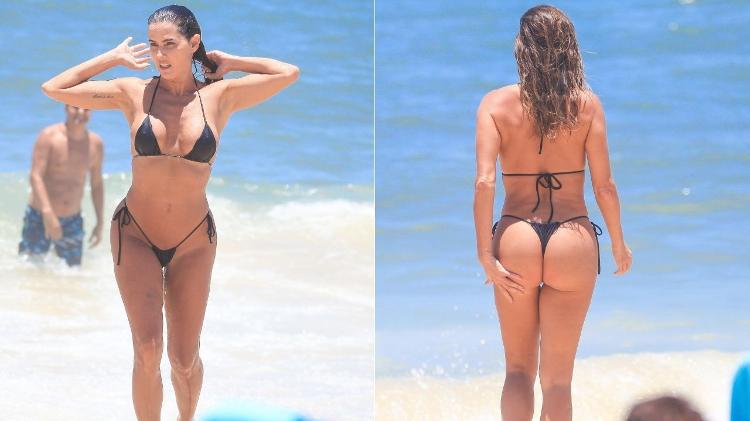 Deborah Secco foi à praia da Barra da Tijuca com o marido, Hugo Moura