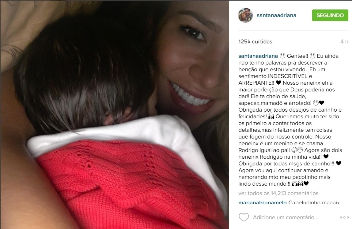 15.fev.2015 - Um dia após dar à luz seu primero filho com Rodrigão, a ex-BBB Adriana usou seu perfil no  Instagram para mostrar parte do rostinho do bebê e agradecer o carinho dos fãs. "Eu ainda não tenho palavras pra descrever a benção que estou vivendo. É um sentimento indescritível e arrepirante", escreveu a modelo na legenda da imagem - Reprodução /Instagram /santanaadriana