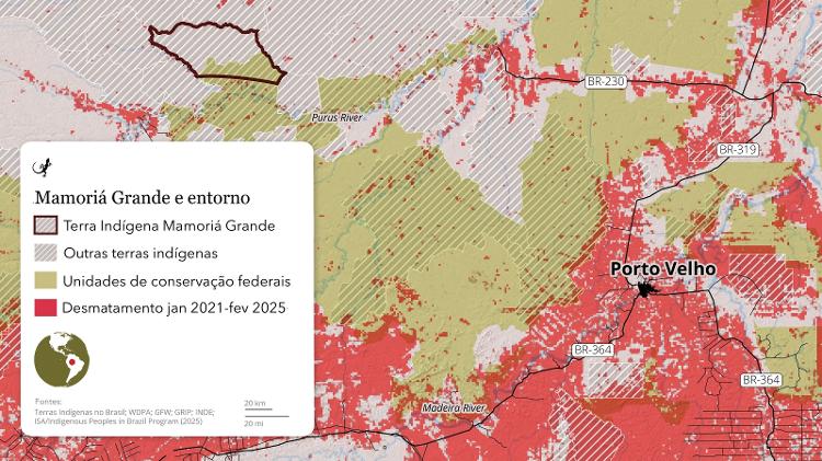 O território Mamoriá Grande é cercado de áreas protegidas, mas o desmatamento vindo do sul está cada vez mais próximo O território Mamoriá Grande é cercado de áreas protegidas, mas o desmatamento vindo do sul está cada vez mais próximo