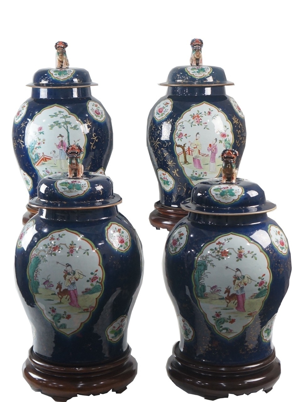 Conjunto raro de dois pares de potiches Família Verde porcelana Powder Blue, China (1662-1722) - Divulgação