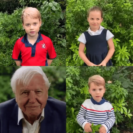 Em sentido horário: Príncipe George, princesa Charlotte, príncipe Louis e Sir David Attenborough - Reprodução/Twitter