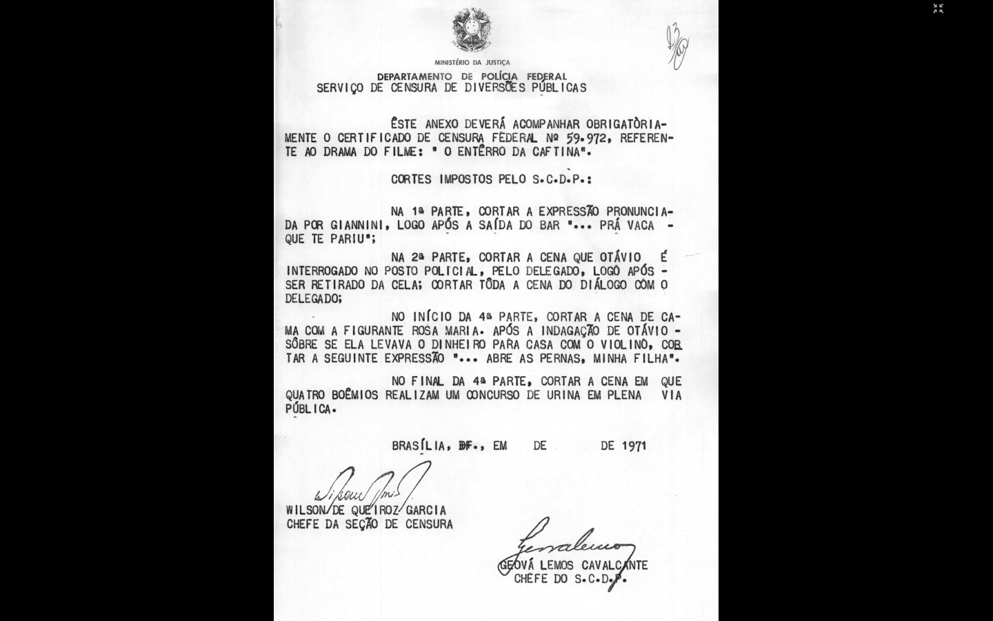 Parecer de "O Enterro da Cafetina" mostra os cortes impostos pelos censores, de palavrões, interações de preso e delegado e cena na qual "quatro boêmios realizam um concurso de urina em plena via pública" - Reprodução