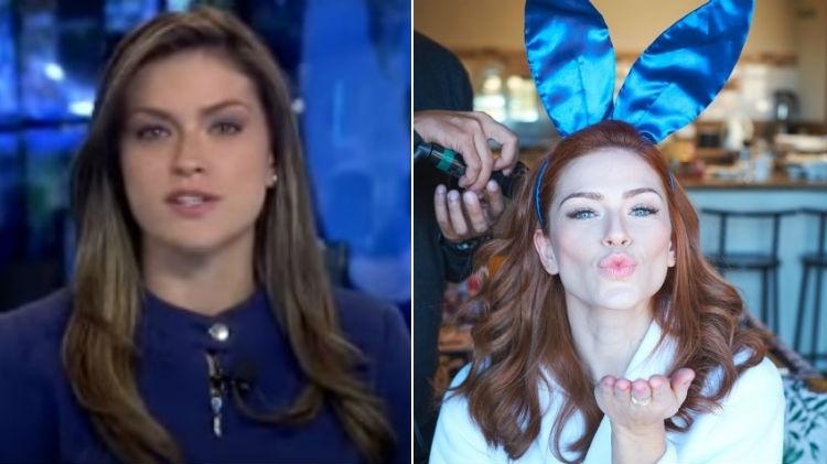 Renata Longaray na bancada de jornalismo da Band News e, à direita, nos bastidores do ensaio que fez para a "Playboy" - Reprodução e Divulgação/Débora Marx - Reprodução e Divulgação/Débora Marx