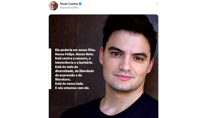 Paulo Coelho publica breve texto em homenagem e apoio a Felipe Neto - reprodução/Twitter