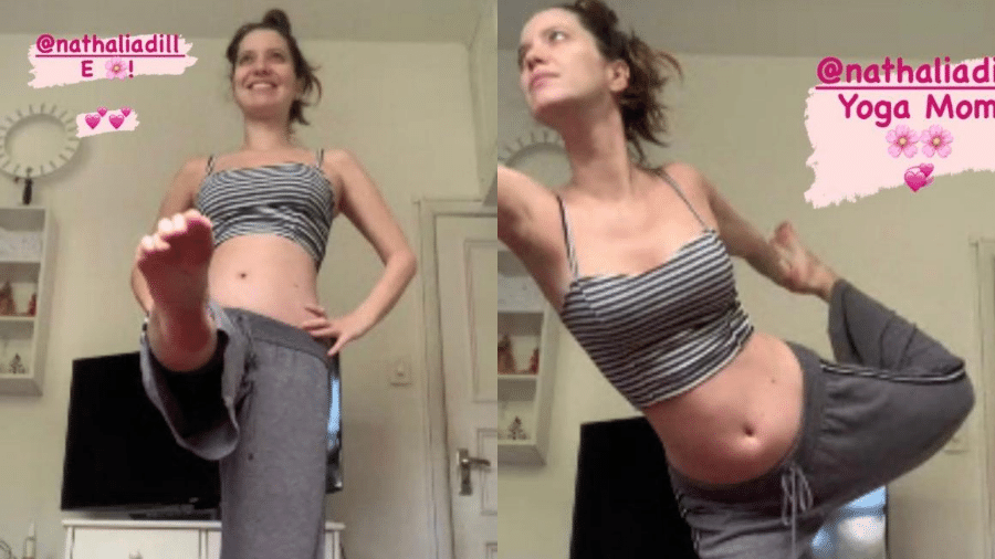 Nathalia Dill durante aula de yoga; atriz está grávida de 5 meses da primeira filha - Reprodução/Instagram/@adrianacamargo_yoga