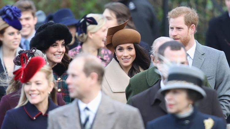 Príncipe William, Kate Middleton, Meghan Markle e o príncipe Harry vão à igreja de Santa Maria Madalena, na Inglaterra  - Getty Images - Getty Images