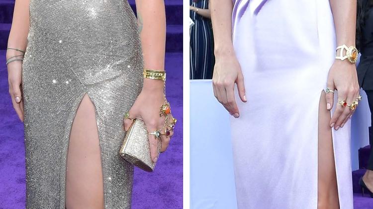 Scarlett Johansson e Brie Larson com detalhe das joias na pré-estreia de "Vingadores: Ultimato" - Amy Sussman/Getty Imag - Amy Sussman/Getty Imag