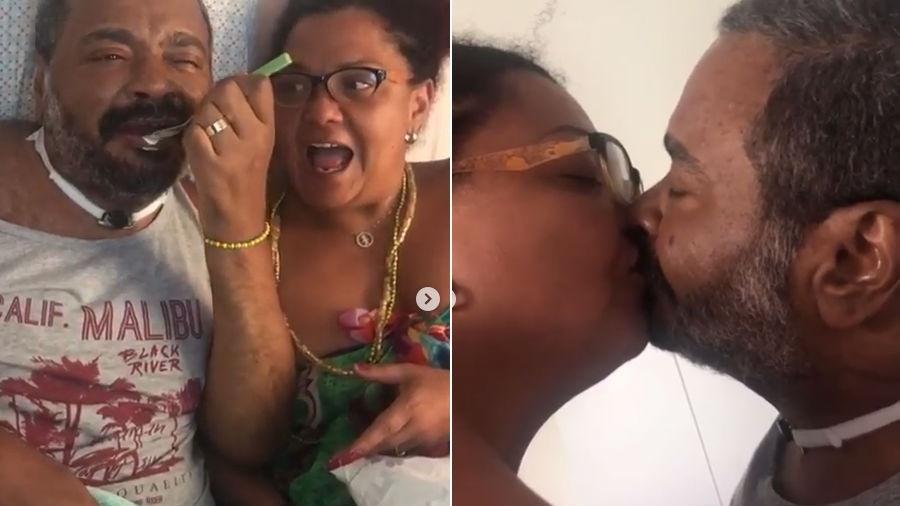 Arlindo Cruz se alimenta sozinho ao lado da mulher, Babi Cruz, com quem depois troca beijos - Reprodução/Instagram